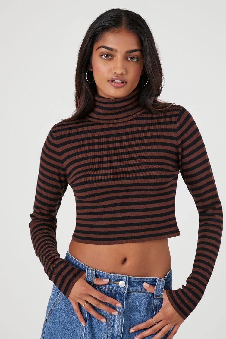 Forever 21 Knit Women's Striped Turtleneck Sweater Brown/Black