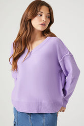 Forever 21 Knit Women's Ribbed-Trim V-Neck Sweater Purple