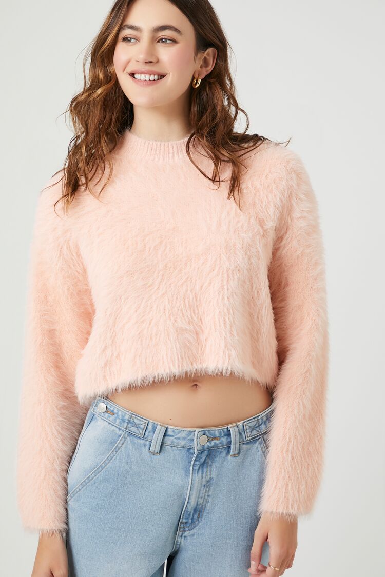 Forever 21 Women's Fuzzy Knit Cropped Sweater Baby Pink