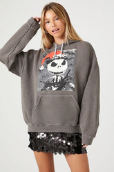 Forever 21 Women's Jack Skellington Graphic Fleece Hoodie Sweatshirt Charcoal/Multi