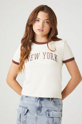 Forever 21 Women's New York Ringer T-Shirt Beige/Multi