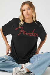 Forever 21 Women's Fender Rhinestone Distressed Graphic T-Shirt Black/Multi