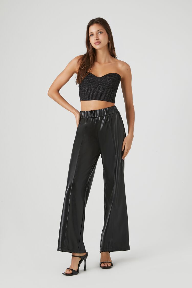 Forever 21 Women's Faux Leather/Pleather Wide-Leg Pants Black