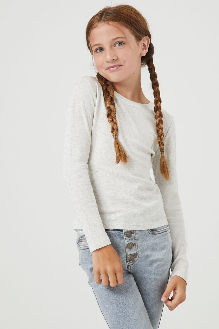 Forever 21 Girls Ribbed Knit Long-Sleeve Top (Kids) Light Heather Grey