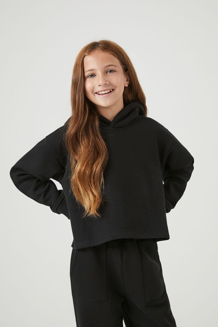 Forever 21 Girls Drop-Sleeve Hoodie Sweatshirt (Kids) Black