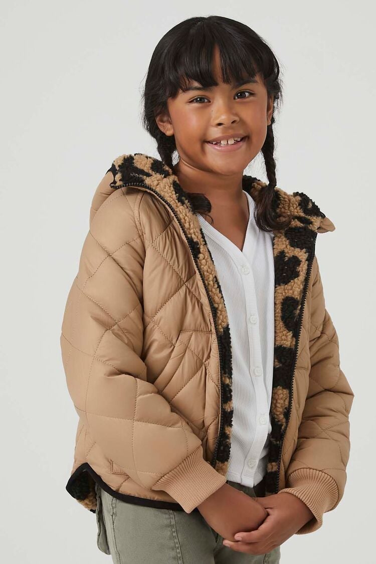 Forever 21 Girls Reversible Puffer Bubble Coat Jacket (Kids) Tan/Multi