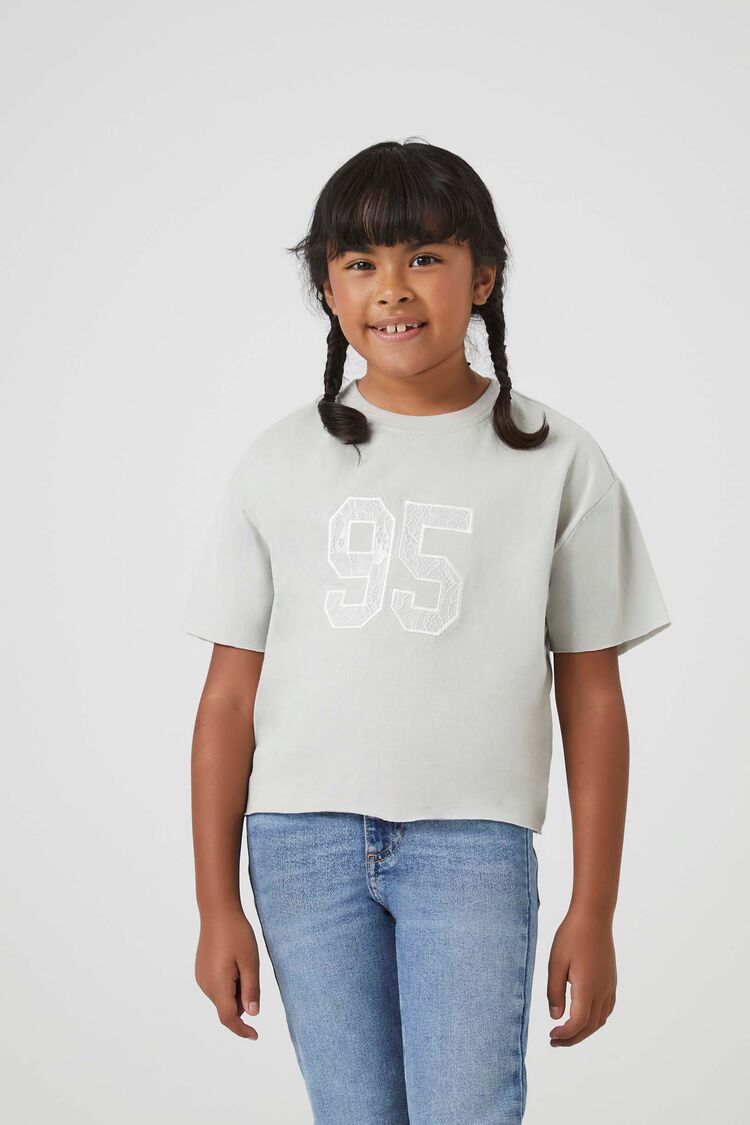 Forever 21 Girls Lace 95 Graphic T-Shirt (Kids) Grey/White