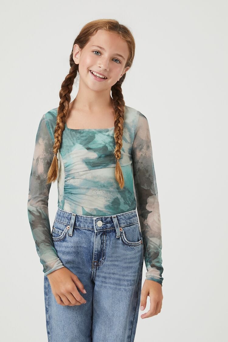 Forever 21 Girls Mesh Cloud Wash Bodysuit (Kids) Blue/Multi