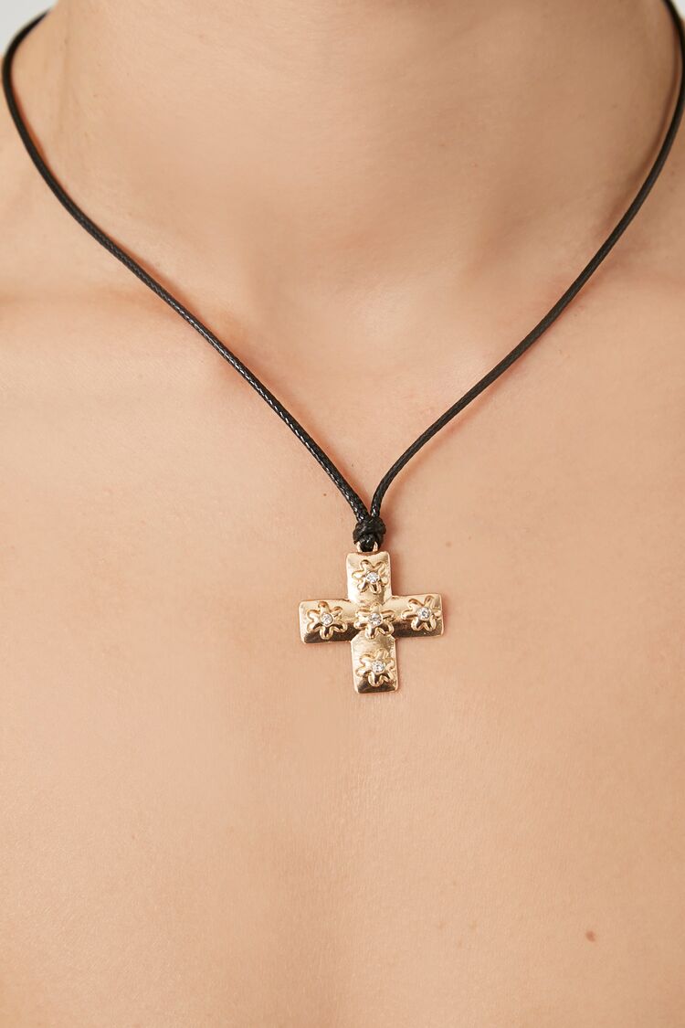 Forever 21 Women's Rhinestone Cross Pendant Necklace Gold/Black