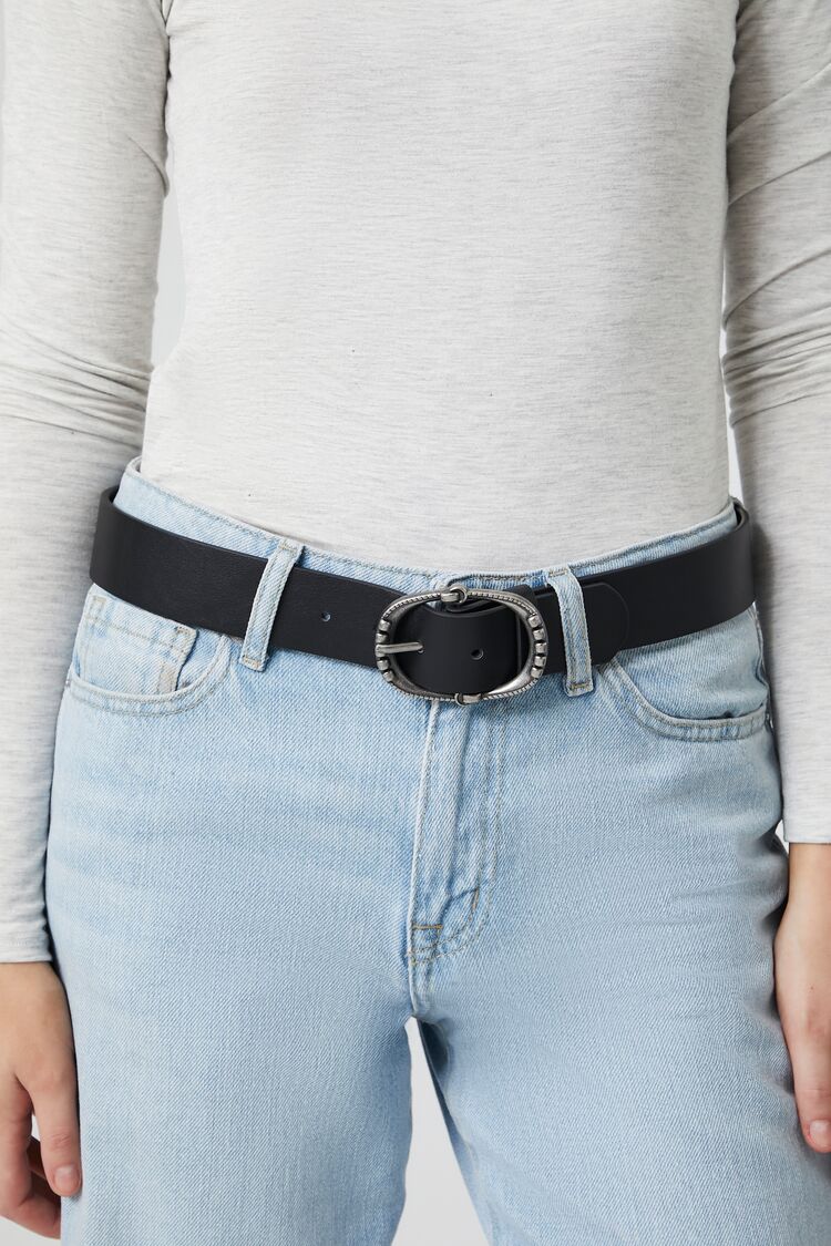 Forever 21 Women's Etched Oval Buckle Belt Black/Silver