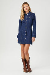 Forever 21 Women's Denim Long-Sleeve Shirt Dress Dark Denim