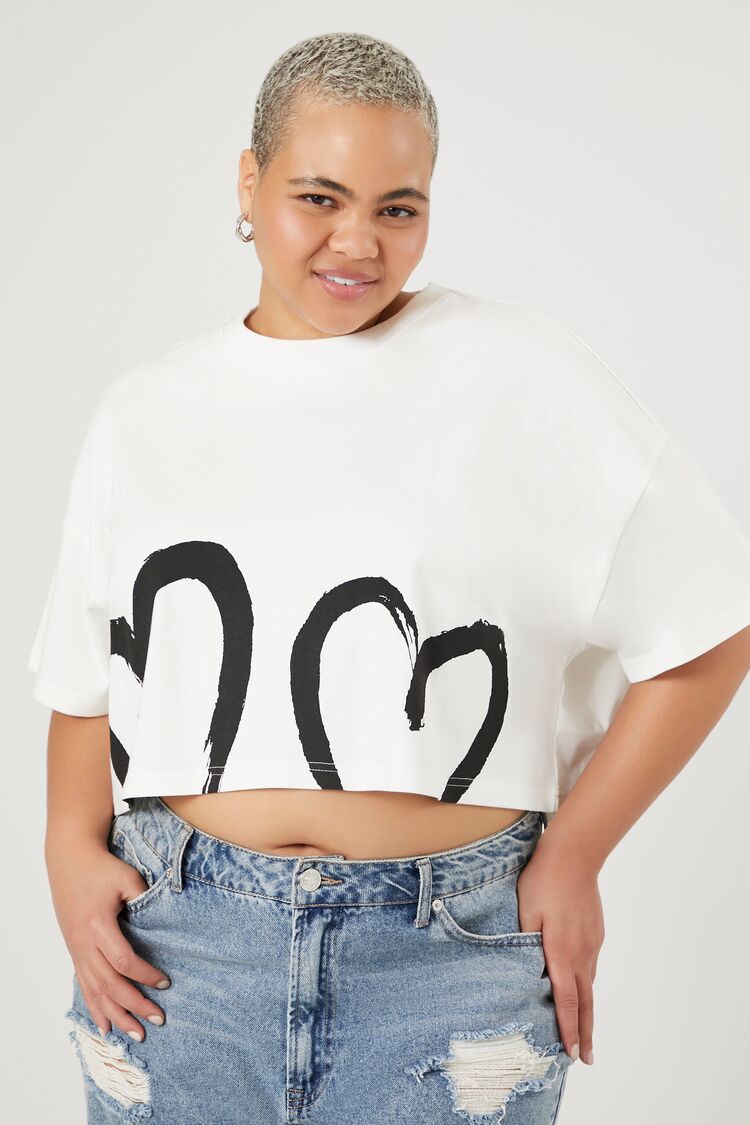 Forever 21 Plus Women's Heart Graphic Cropped T-Shirt White/Black