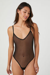 Forever 21 Women's Sheer Mesh Striped Lingerie Bodysuit Black