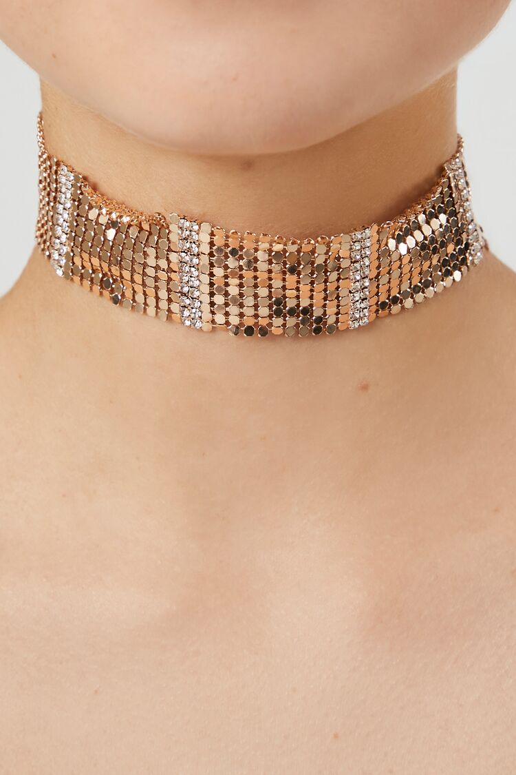 Forever 21 Women's Rhinestone Chainmail Choker Necklace Gold