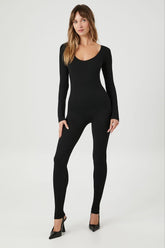 Forever 21 Women's Ribbed Long-Sleeve Jumpsuit Black