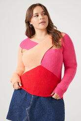 Forever 21 Knit Plus Women's Colorblock Reworked Sweater Pink/Orange