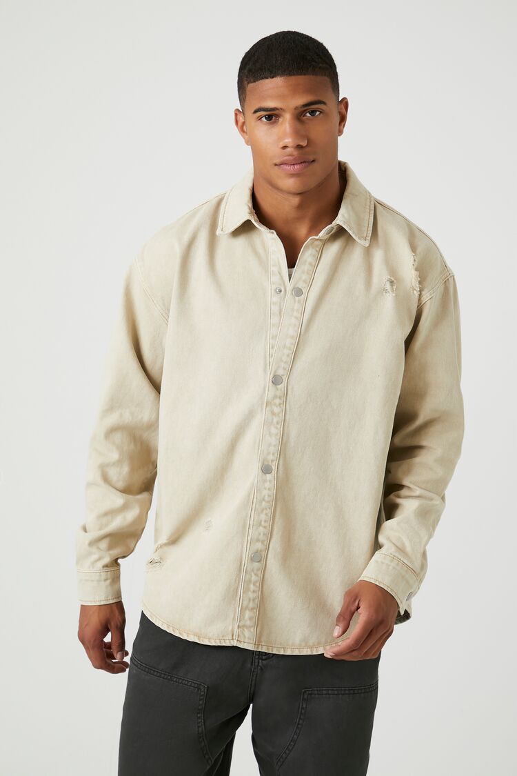 Forever 21 Men's Distressed Mineral Wash Shirt Taupe