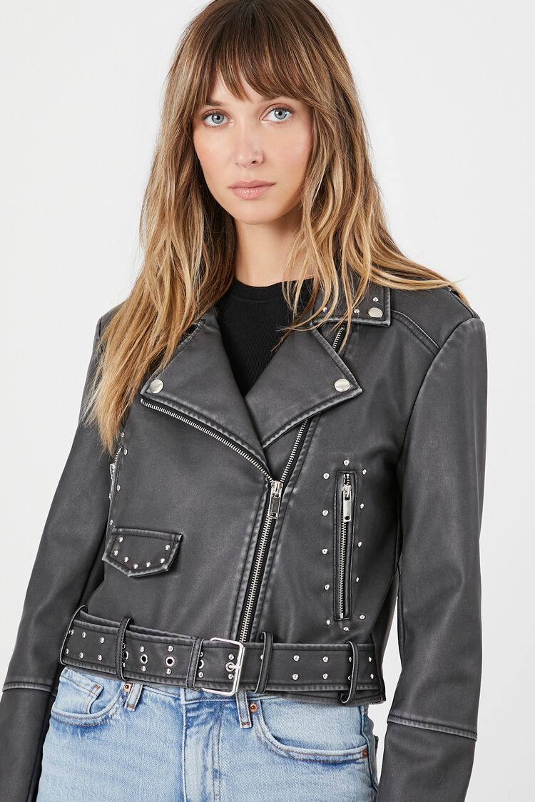 Forever 21 Women's Studded Faux Leather/Pleather Moto Jacket Washed Black