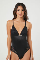 Forever 21 Women's Satin Lace-Trim Lingerie Bodysuit Black