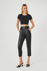 Forever 21 Women's Belted Cropped Faux Leather/Pleather Pants Black