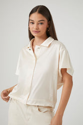 Forever 21 Women's Satin Snap-Button Shirt Whisper White