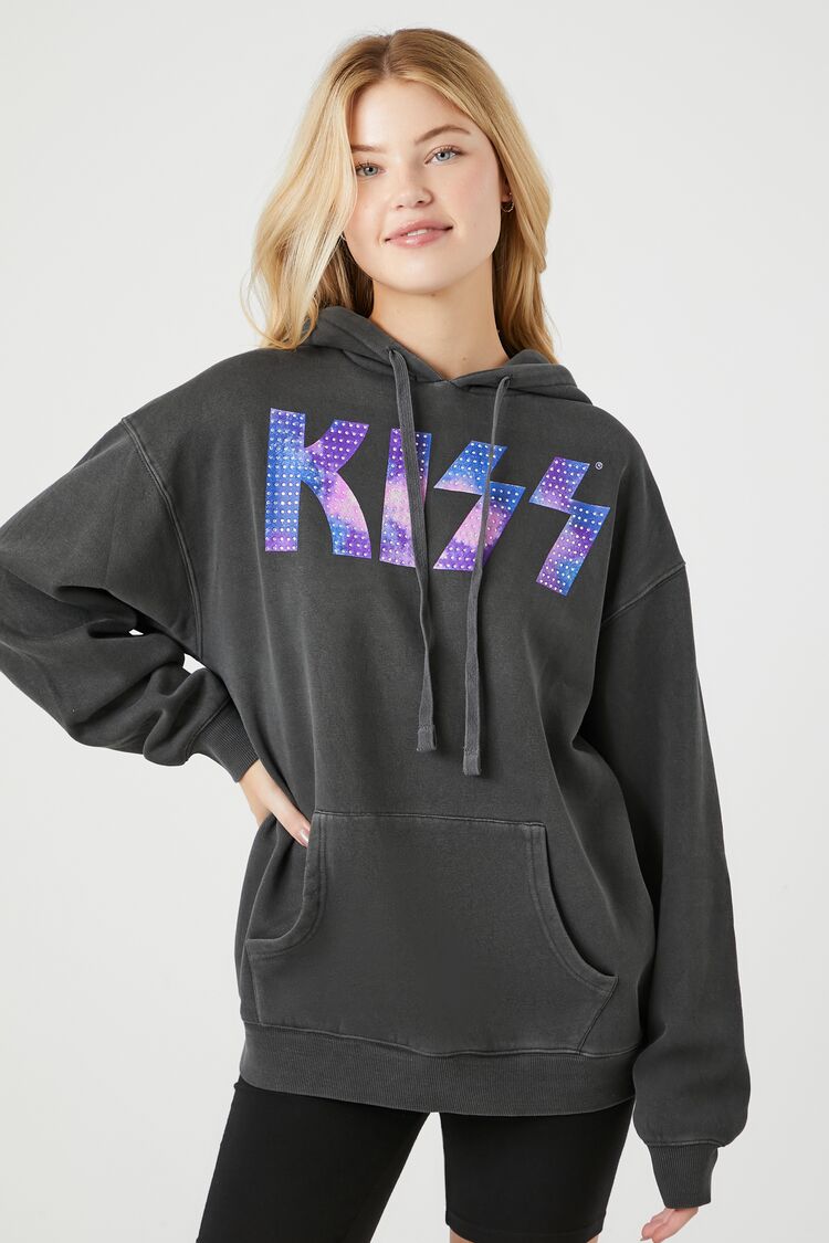 Forever 21 Women's Rhinestone KISS Fleece Graphic Hoodie Sweatshirt Black/Multi