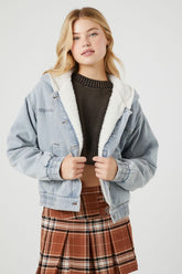 Forever 21 Women's Faux Shearling/Sherpa  Hooded Jacket Small Denim