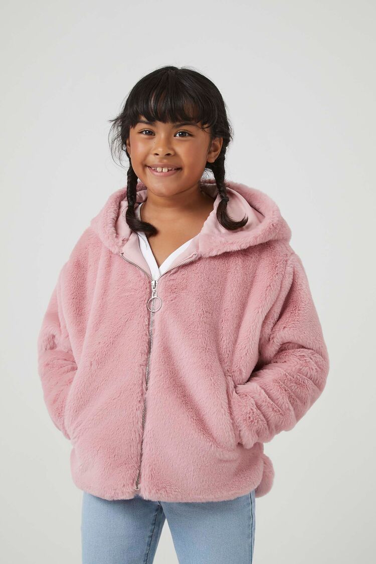 Forever 21 Girls Faux Fur Zip-Up Hoodie Sweatshirt (Kids) Mauve