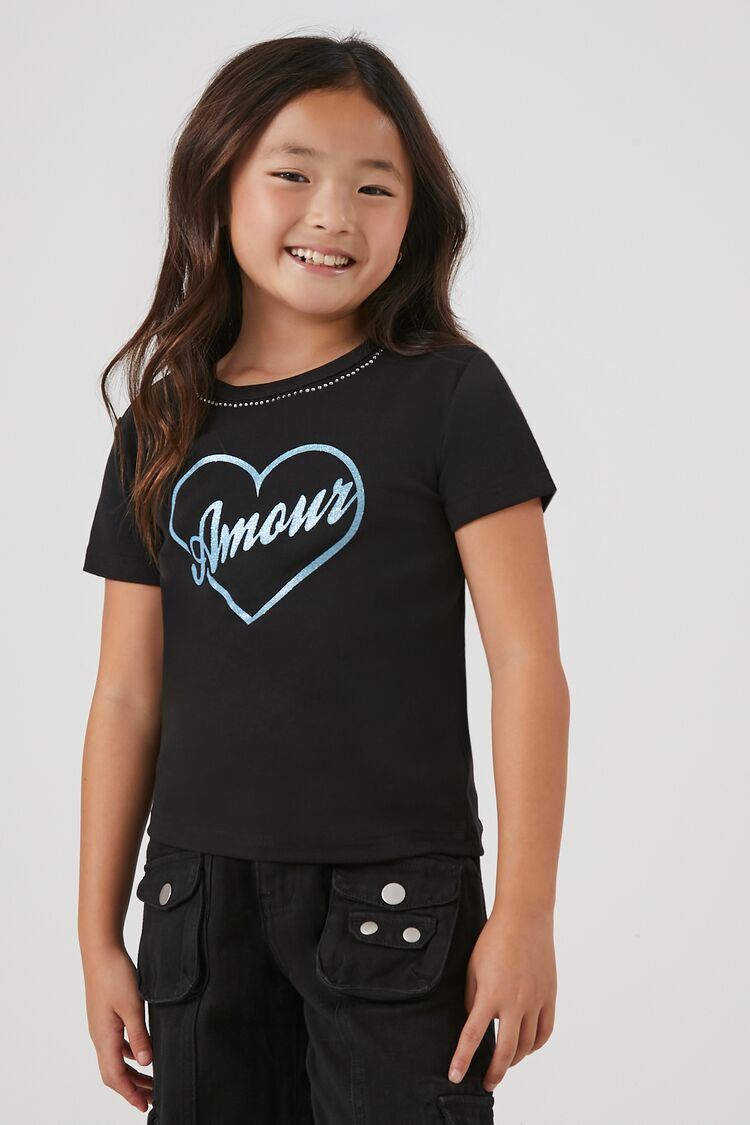 Forever 21 Girls Ribbed Rhinestone Amour T-Shirt (Kids) Black/Multi