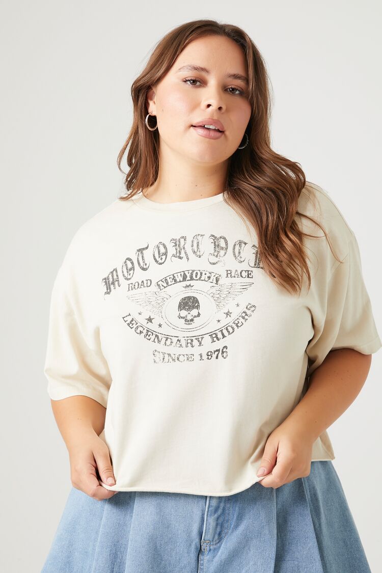 Forever 21 Plus Women's Motorcycle Graphic T-Shirt Taupe/Multi