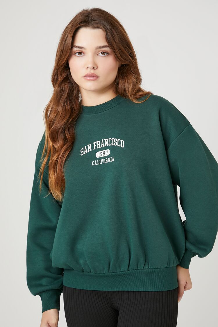 Forever 21 Women's Embroidered San Francisco Pullover Green/Multi