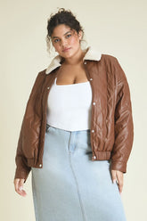 Forever 21 Plus Women's Faux Leather/Pleather Bomber Jacket Brown/Tan