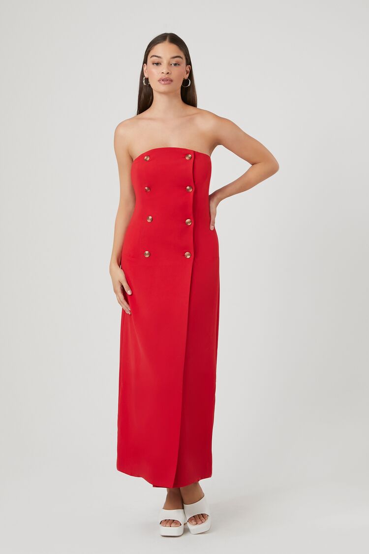 Forever 21 Women's Double-Breasted Strapless Maxi Long Dress Red