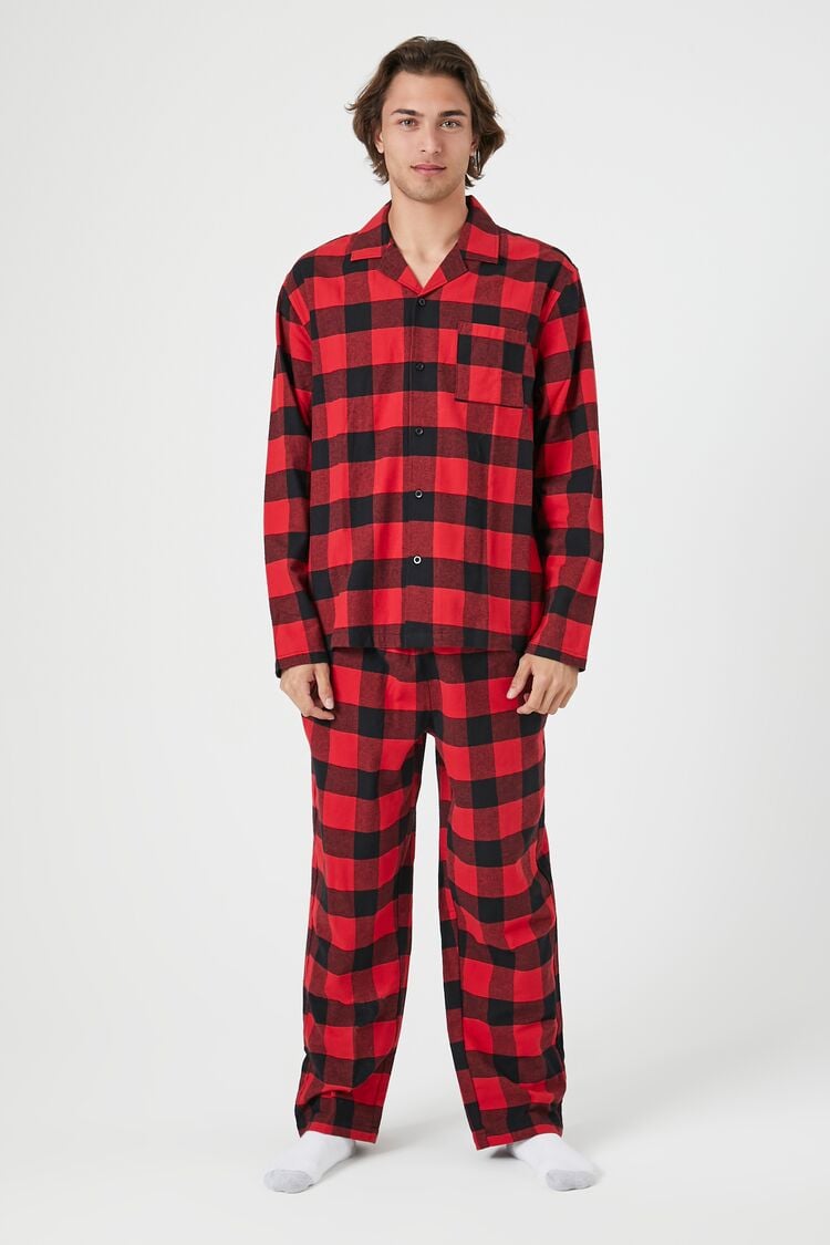 Forever 21 Men's Plaid Shirt & Pants Pajama Set Red/Black