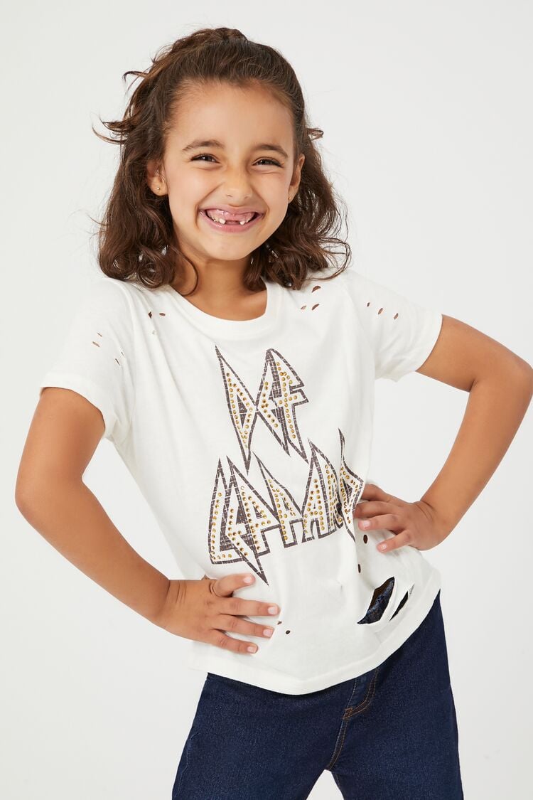 Forever 21 Kids (Girls + Boys) Def Leppard Distressed Graphic T-Shirt Cream/Multi