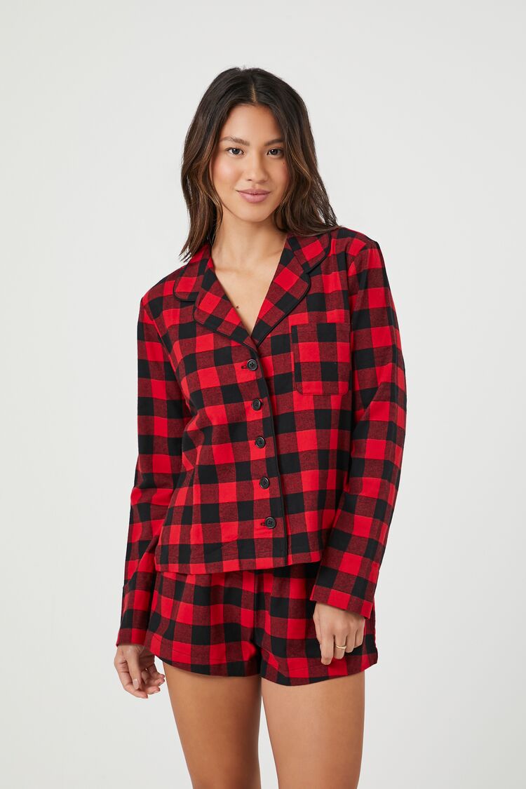 Forever 21 Women's Flannel Plaid Shirt & Shorts Pajama Set Fiery Red/Black