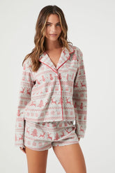 Forever 21 Women's Fair Isle Shirt & Shorts Pajama Set Heather Grey/Red