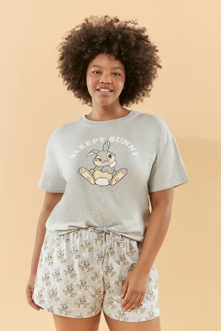 Forever 21 Plus Women's Disney Thumper Tee & Shorts Pajama Set Grey/Multi