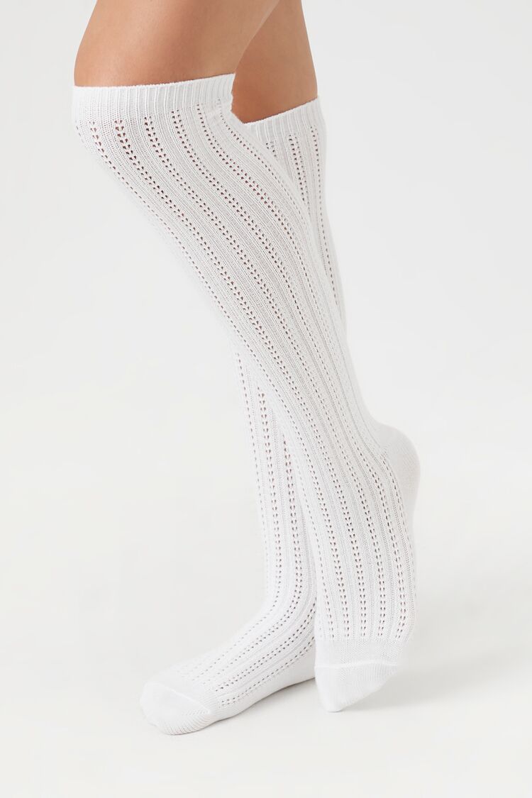 Forever 21 Women's Pointelle Knit Knee-High Socks White