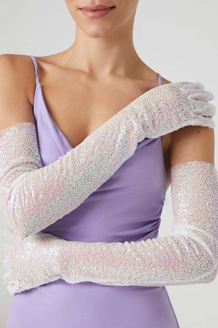 Forever 21 Women's Iridescent Sequin Long Gloves White