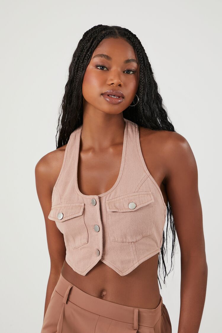 Forever 21 Women's Twill Cropped Vest Sand