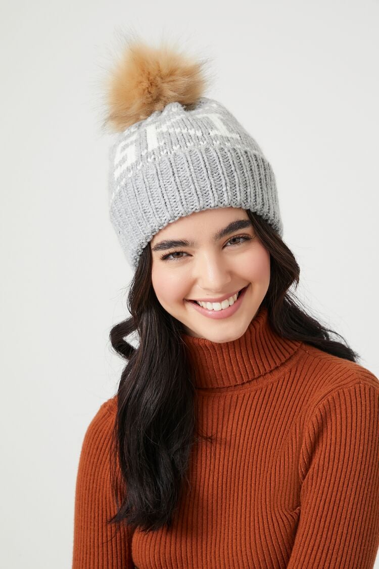 Forever 21 Women's Ski Pom Pom Ribbed Beanie Heather Grey/Multi