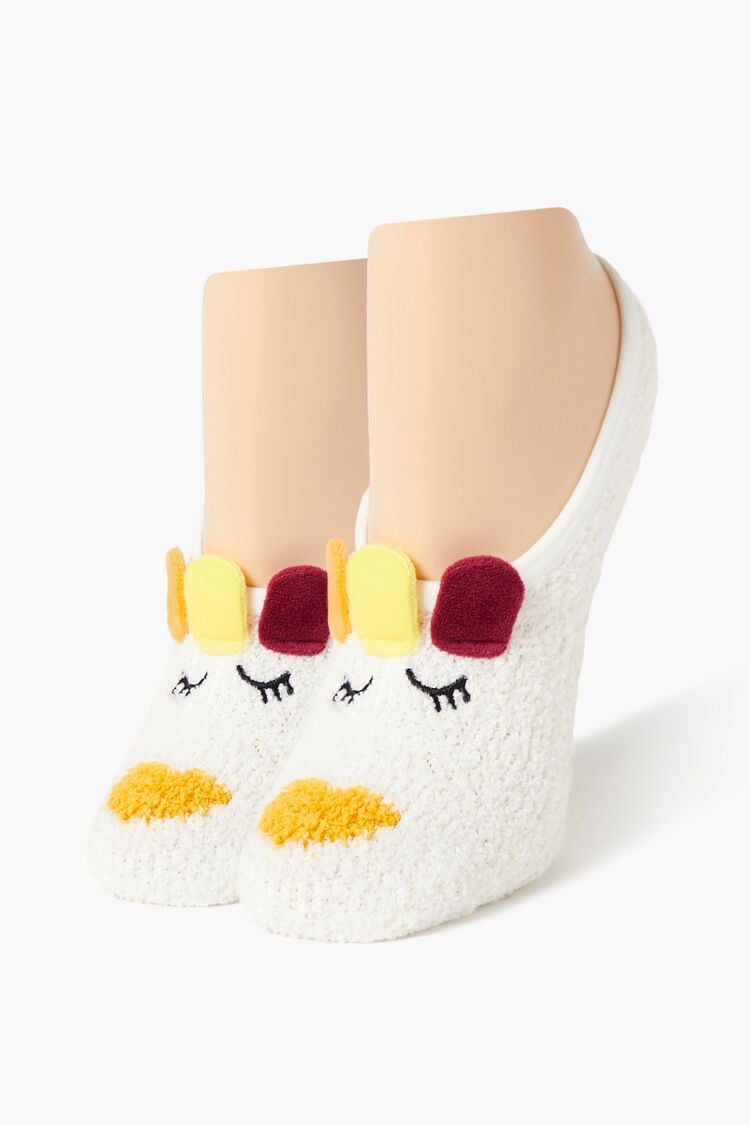 Forever 21 Women's Fuzzy Chicken No-Show Socks White/Multi