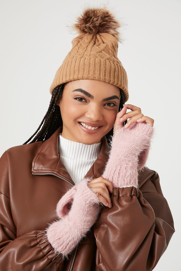 Forever 21 Women's Fuzzy Knit Convertible Gloves Blush