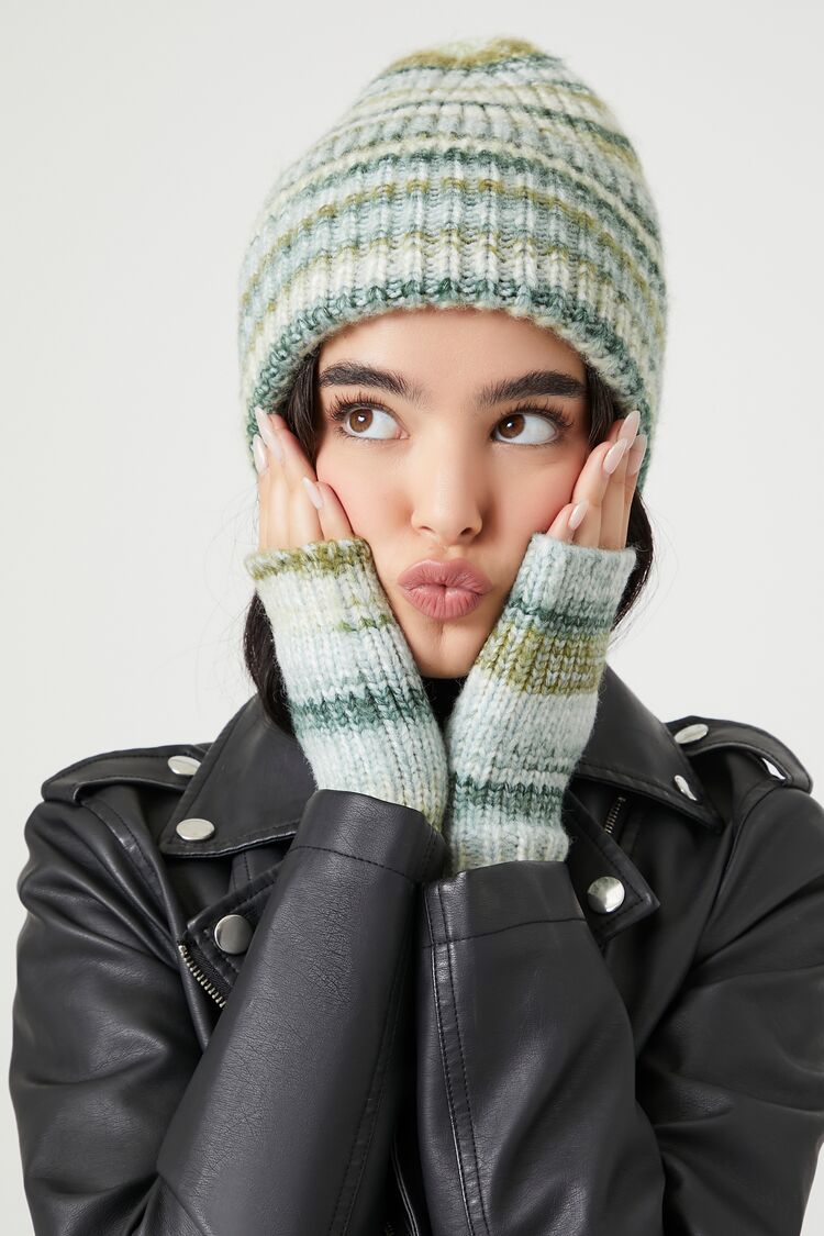 Forever 21 Women's Marled Knit Fingerless Gloves Green/Multi