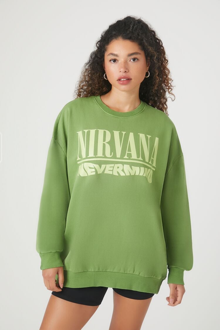 Forever 21 Women's Nirvana Nevermind Graphic Pullover Pepper Green/Multi