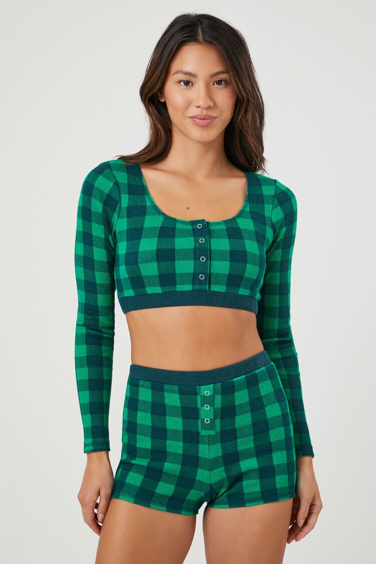 Forever 21 Women's Thermal Knit Plaid Shirt & Shorts Set Green/Multi