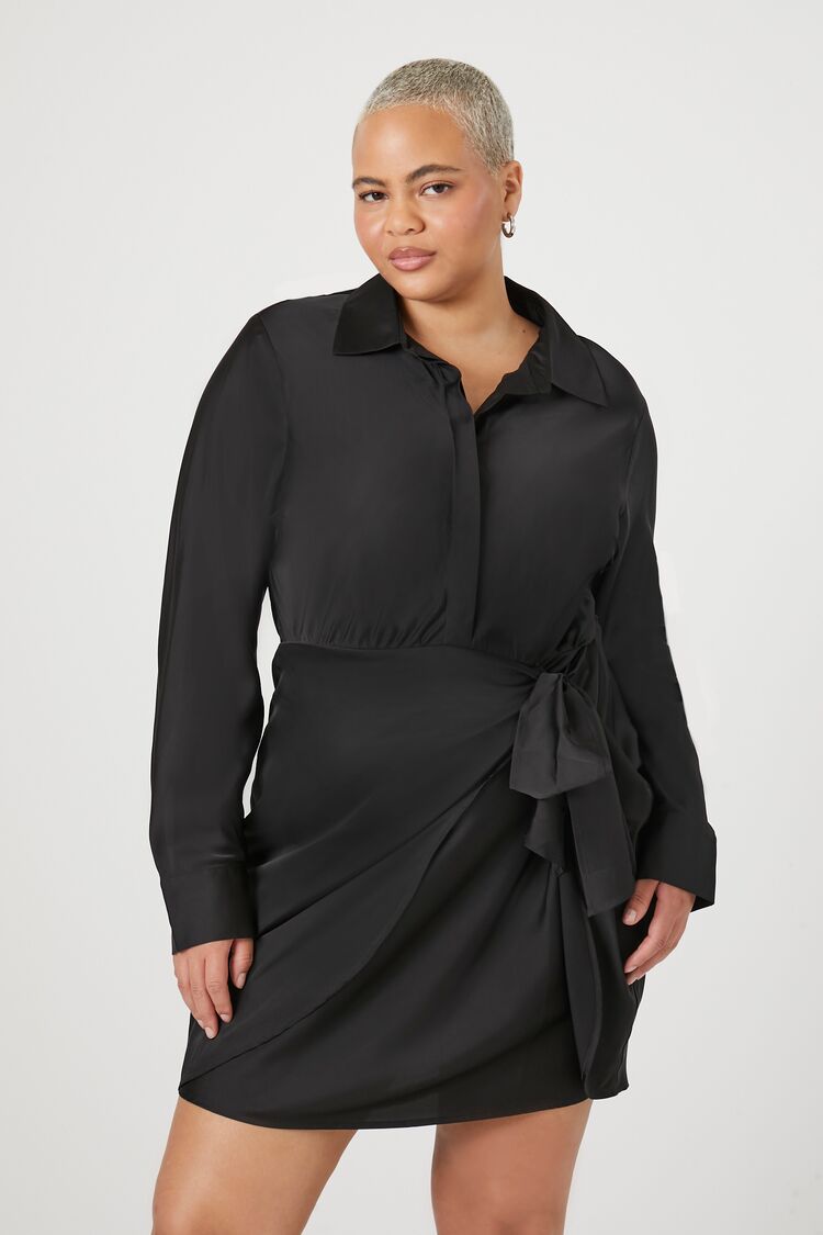 Forever 21 Plus Women's Satin Wrap Shirt Dress Black