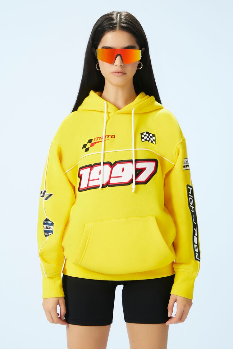 Forever 21 Women's Racer Embroidered Moto Patch Hoodie Sweatshirt Yellow/Multi