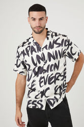 Forever 21 Men's Satin Graffiti Print Shirt Cream/Black